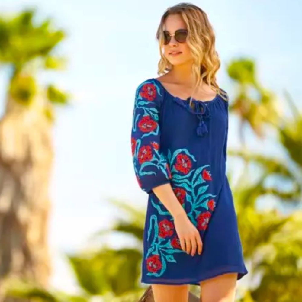 Trina Turk Blue Red Embroidered Bohemian Cotton Shift Dress
